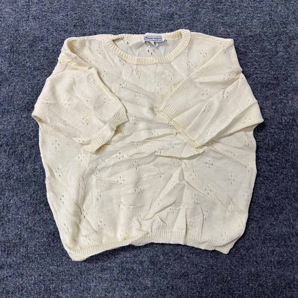 Jane Adams Sweater Womens Size M Cream Pointelle Knit Short Sleeve Vintage USA